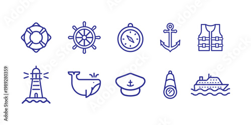 Vector line-art set of nautical icons showing lifebuoy, ship wheel, compass, anchor, life jacket, lighthouse, whale, captain hat, spyglass and cruise ship for marine, sailing and travel projects.