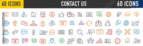 Contact us icons set, a collection of 60 communication, business, and networking symbols for web and app design