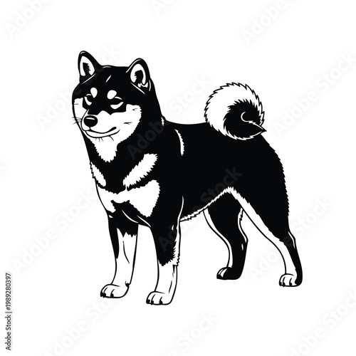 Shiba inu dog silhouette black and white line art standing pose.