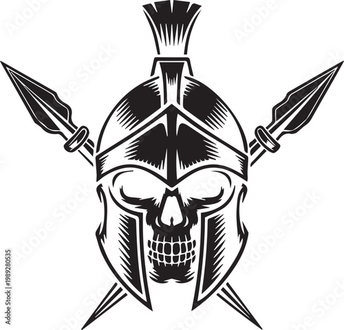 Spartan Skull in Warrior Helmet Illustration - Ancient Greek Military Emblem for Logo and Apparel