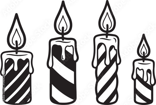 Black and white candle icons, striped candles, burning candles, vector illustrations isolated on Transparent Background