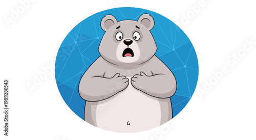 Surprised grey bear character with wide eyes and open mouth looks shocked against a blue geometric background in a circular frame.