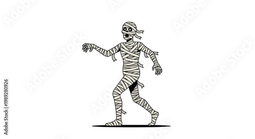 Classic mummy character wrapped in white bandages walks forward with outstretched arms in a cartoon style.