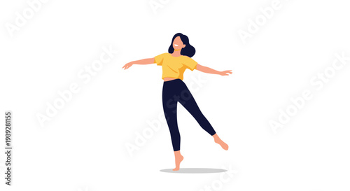 Happy young woman wearing a yellow crop top and dark leggings poses with open arms against a white background.