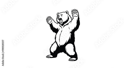 Powerful bear stands on its hind legs and roars with its paws raised in a detailed black and white illustration.