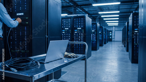 Quadro su tela IT engineer performing maintenance on server racks in a large modern data center aisle with a laptop cart