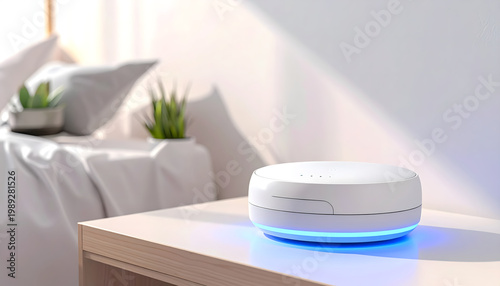 White sound machine on a shelf with soft blue light glowing in a dark peaceful room for perfect sleep comfort generative AI