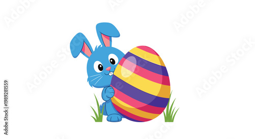 Cute blue bunny peeks from behind a large, colorful Easter egg decorated with pink, yellow, and purple stripes.