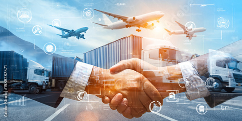 Professional handshake signifies global partnership in modern logistics with cargo planes trucks and digital technology icons