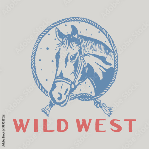Photos Vintage western illustration of a horse head inside a rope frame with “Wild West” lettering