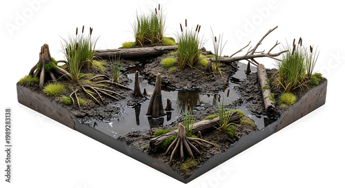 Detailed Miniature Swamp Diorama Presenting a Realistic Murky Wetland Habitat Ecosystem