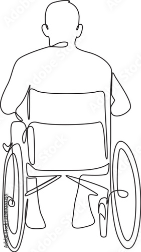 Man sitting on wheelchair from back view in continuous line hand-drawn style