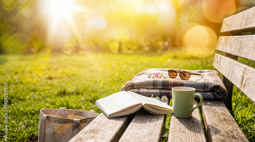 Cuadro en lienzo Serene rustic wooden park bench with open book, warm coffee, and sunglasses in golden hour light