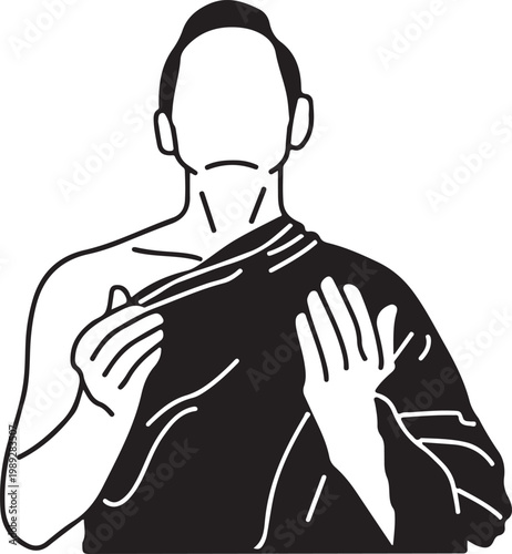 Buddhist monk silhouette, adjusting robe black white