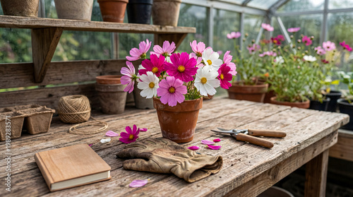 Foto Potted cosmos flowers on rustic wooden table inside a greenhouse, with various gardening tools