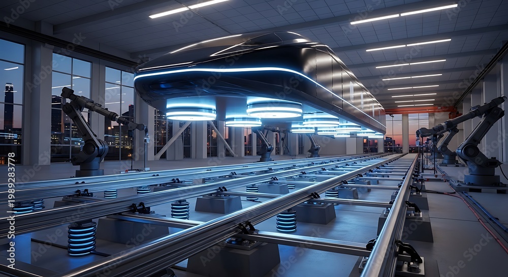 Naklejka premium A grand, levitating high-speed vehicle being expertly assembled by advanced robotics in a state-of-the-art futuristic factory