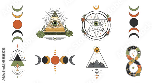Boho Celestial Symbols Set with Moon Phases and Sacred Geometry Elements