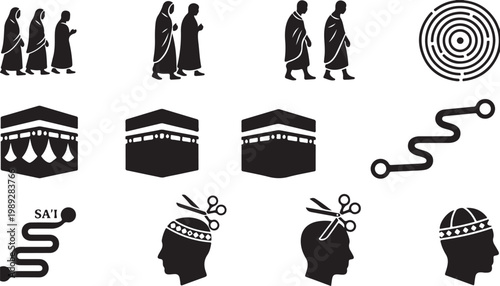 Hajj rituals, kaaba, and haircut silhouettes mecca pilgrimage