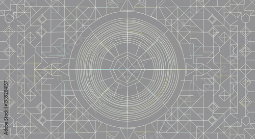 Abstract Geometric Pattern with Circular Mandala and Linear Grid on Grey Background