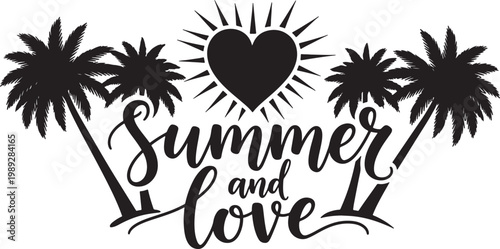 Summer t-shirt graphic with heart and sun between palm trees