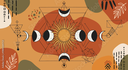 Boho Celestial Moon Phases and Sun Sacred Geometry Illustration