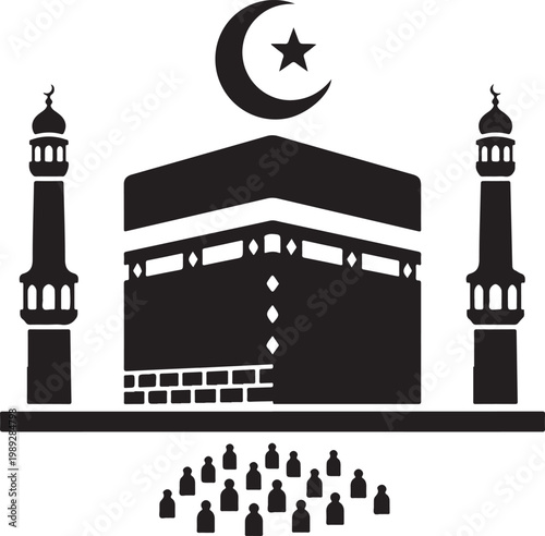 Kaaba mosque silhouette with worshipers, islamic landmark in mecca