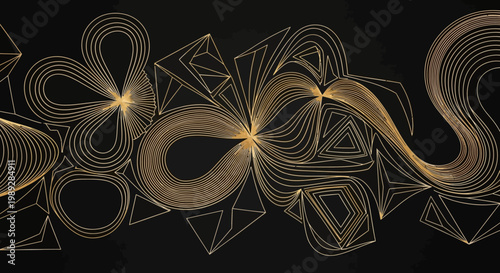 Abstract Gold Line Art Background with Geometric Shapes and Flowing Curves