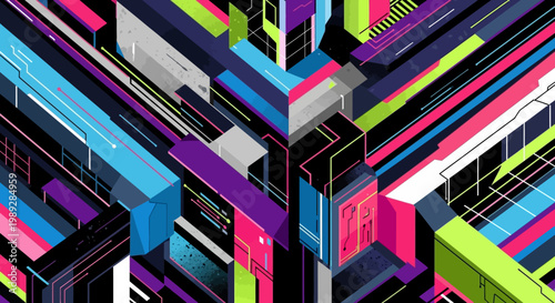 Abstract Isometric Cyberpunk Cityscape Digital Background