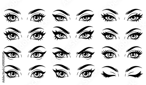 Cartoon female eyes vector set black and white manga comic style opened closed eyes with eyelashes front view collection