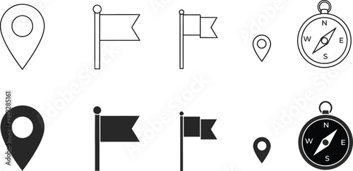 Location and navigation icons set on white background with point of interest