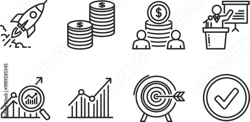 Startup and business icons: rocket money stacks pitch presentation analytics