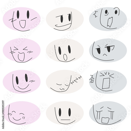 Simple Hand Drawn Emotion Face Icon Set (12 Expressions) Muted Color Reaction Illustration for SNS