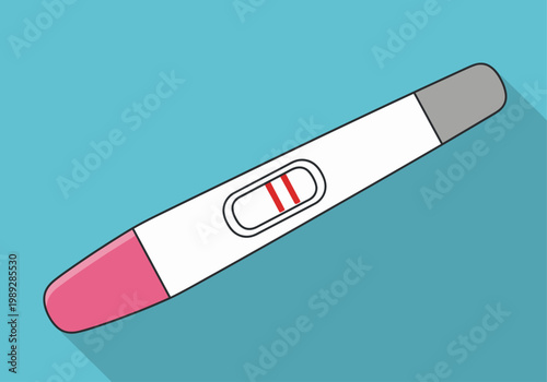 Positive Pregnancy Test with Two Red Lines - Flat Design Illustration of Home Pregnancy Test Kit on Blue Background