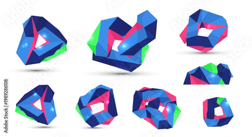 Set of Abstract Geometric 3D Shapes with Vibrant Low Poly Design Elements