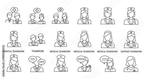 Set of line art icons depicting medical professionals, nurses, and doctors engaged in hospital teamwork and communication.