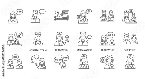 A collection of line art icons depicting healthcare professionals, medical teamwork, patient support, and communication in a hospital setting.