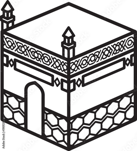 Kaaba silhouette, mecca islamic shrine with intricate patterns