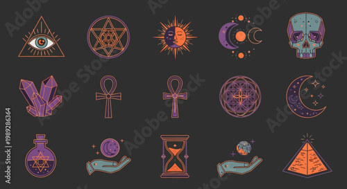 Set of Mystical Esoteric Symbols and Occult Icons in Neon Line Art Style