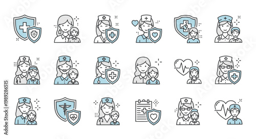 Collection of healthcare and nursing icons featuring nurses, children, and protective medical symbols in a clean line-art style.