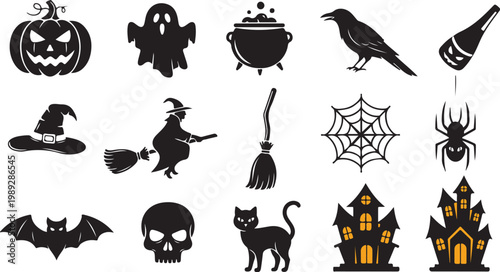 Halloween icons, black silhouettes, spooky symbols, 16 vector graphics isolated on Transparent Background