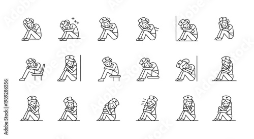 Collection of line art illustrations depicting people in various states of sadness, depression, and anxiety, showing mental health struggles.