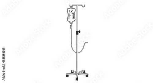 A black and white line drawing of a medical IV pole with an intravenous fluid bag and tubing, used for patient care in hospitals or clinics.