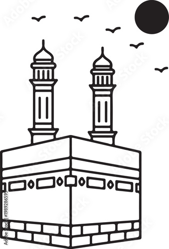 Kaaba with minarets and moon, mecca silhouette mosque islamic