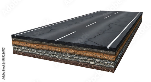 Detailed 3D cross-section of a modern asphalt road showing underground layers and construction