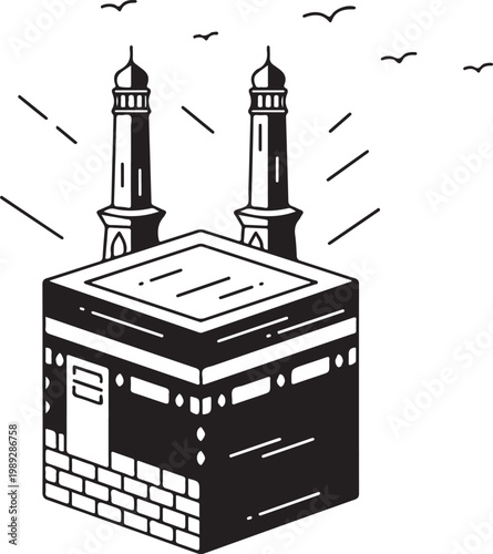 Kaaba with minarets, mecca silhouette black and white