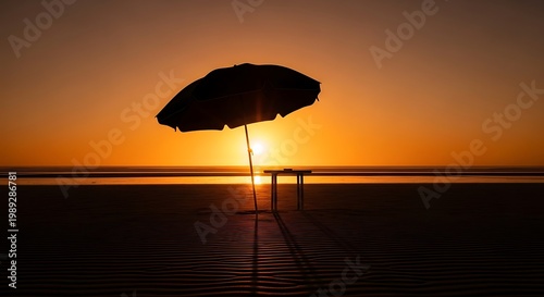 Beach umbrella, sunset, orange sky, silhouette, tropical vacation