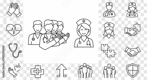 Line art icons of medical professionals, doctors, nurses, and healthcare symbols representing teamwork, support, and medical care.