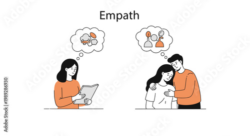 Illustration depicting two scenarios of empathy, one showing deep thought and the other showing emotional support and connection between people.