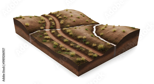 Conceptual 3D illustration of an idealized landscape with diverse elevation and meandering trails