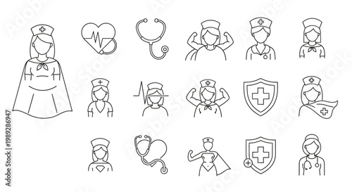 Line art icons of nurses, some portrayed as superheroes, alongside medical symbols like stethoscopes, heartbeats, and protective shields, representing healthcare professionals.